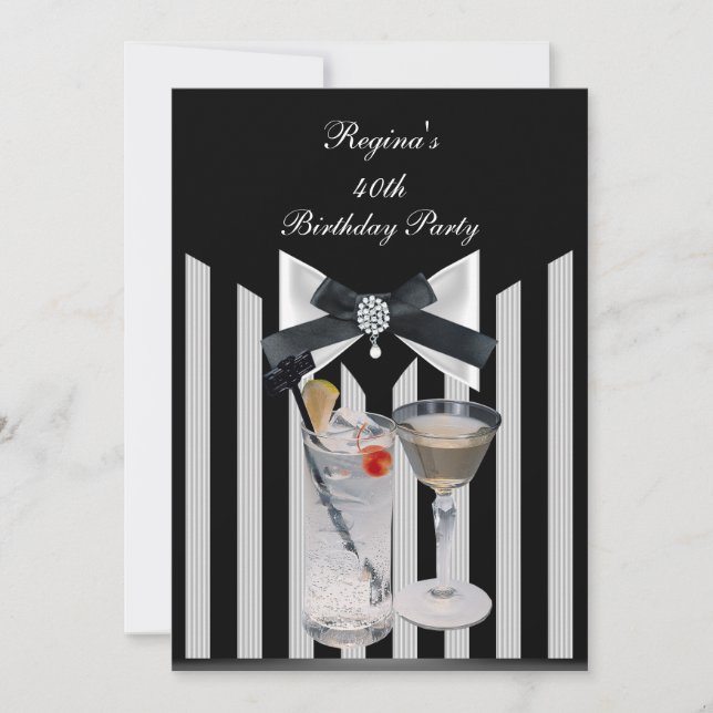 Invitation Fête d'anniversaire 40 ans rayure noir et blanc no (Devant)