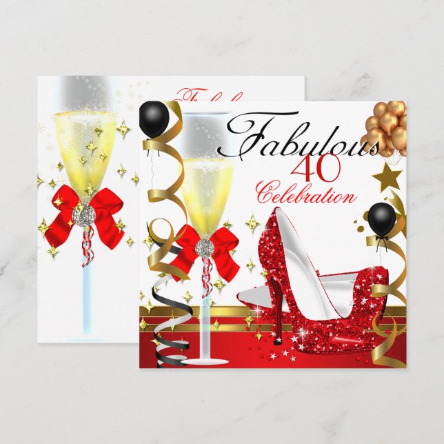 Invitation Fête d'anniversaire 40 ans rouge or 40 & Fabuleuse (Devant / Derrière)