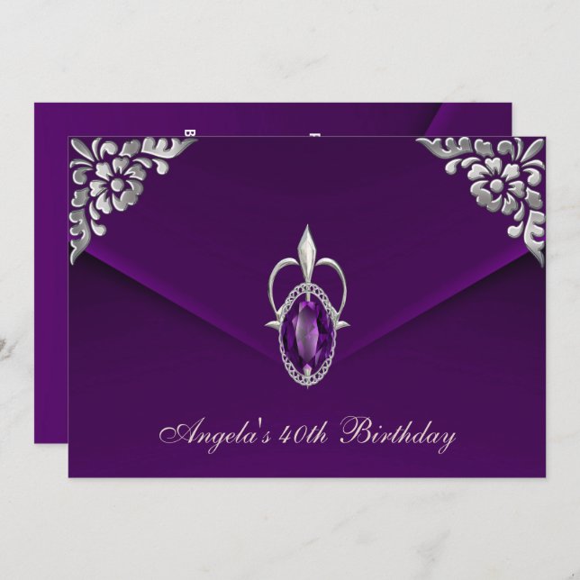 Invitation Fête d'anniversaire 40 ans Royal argent plum velou (Devant / Derrière)