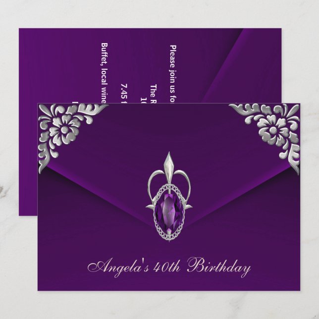 Invitation Fête d'anniversaire 40 ans Royal Silver Plum Velve (Devant / Derrière)