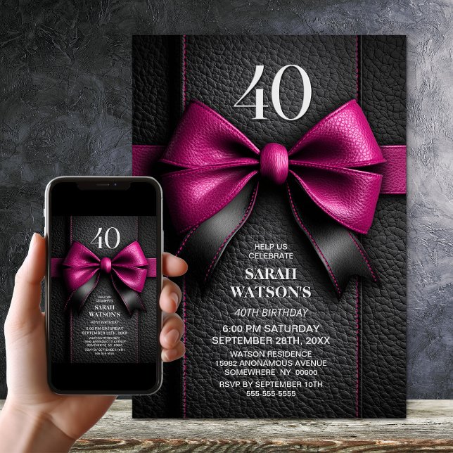 Invitation Fête d'anniversaire 40 ans Ruban en cuir rose (Créateur téléchargé)