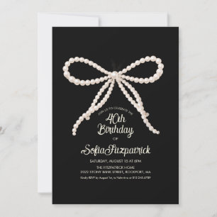 Invitation Fête d'anniversaire 40 ans Ruban Perle Noir et Bla