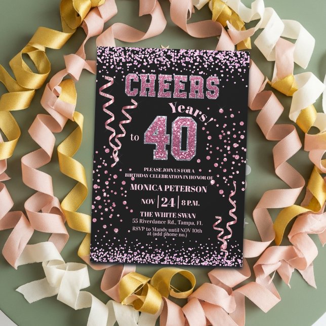 Invitation Fête d'anniversaire 40 ans Strass Rose Pailletés  (Créateur téléchargé)