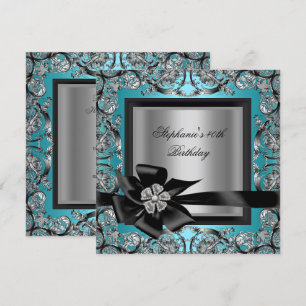 Invitation Fête d'anniversaire 40 ans Teal Bleu Argent Noir B