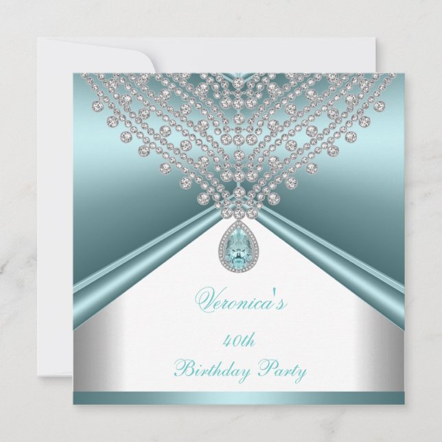 Invitation Fête d'anniversaire 40 ans Teal Bleu Blanc Diamant (Devant)