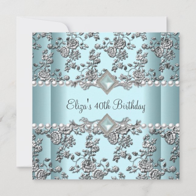 Invitation Fête d'anniversaire 40 ans Teal Bleu Blanc Perle A (Devant)