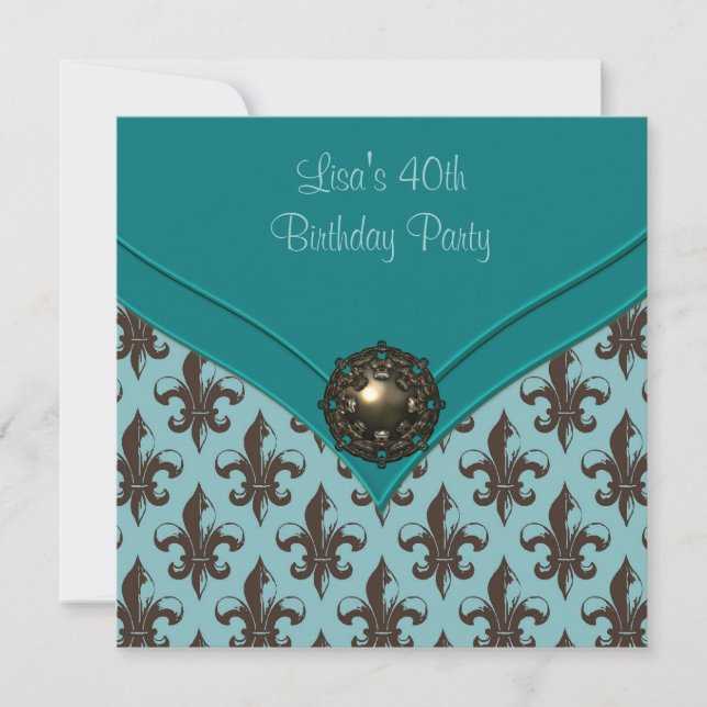 Invitation Fête d'anniversaire 40 ans Teal Brown Fleur de Lis (Devant)