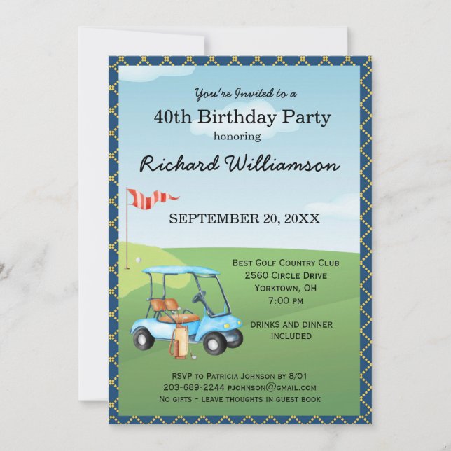 Invitation Fête d'anniversaire 40 ans thème golf hommes   (Devant)
