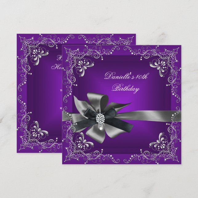 Invitation Fête d'anniversaire 40 ans Violet Argent Noir Gris (Devant / Derrière)