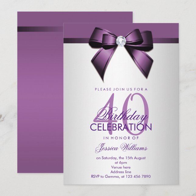 Invitation Fête d'anniversaire 40 ans Violet Romantique & Arg (Devant / Derrière)
