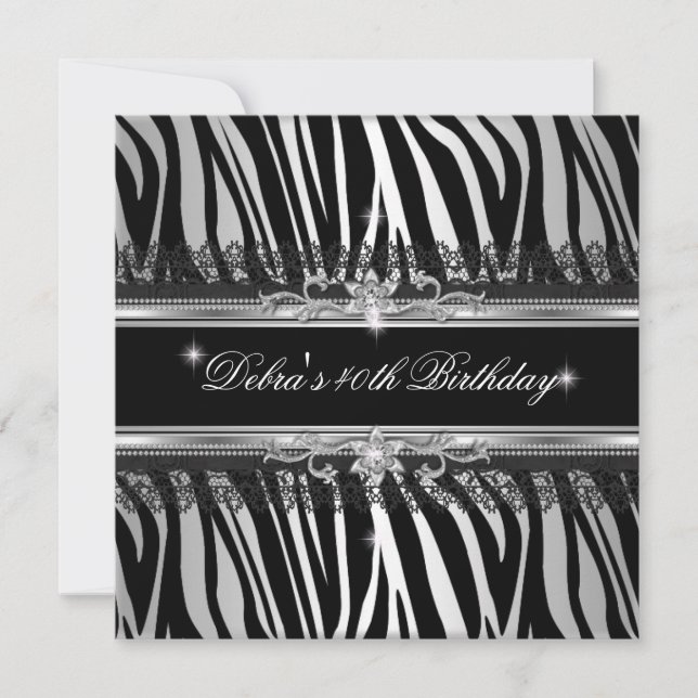 Invitation Fête d'anniversaire 40 ans Zèbre Noir Argent Blanc (Devant)