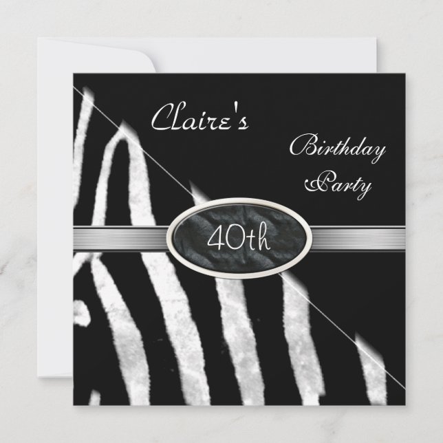 Invitation Fête d'anniversaire 40 ans Zèbre Noir Blanc Argent (Devant)