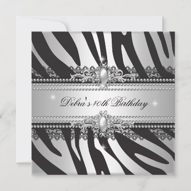 Invitation Fête d'anniversaire 40 ans Zèbre Perle Noir Argent (Devant)