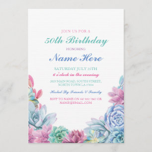 Invitation Fête d'anniversaire 40e 50e Pastels Succulents Inv