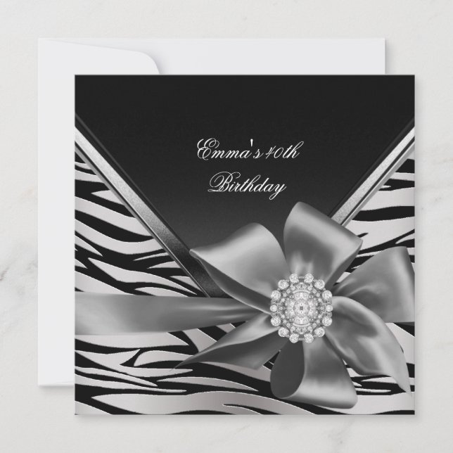 Invitation Fête d'anniversaire 40e Black Silver Zebra Diamond (Devant)