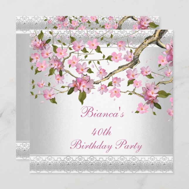 Invitation Fête d'anniversaire 40e Blanc rose fleurs florales (Devant / Derrière)