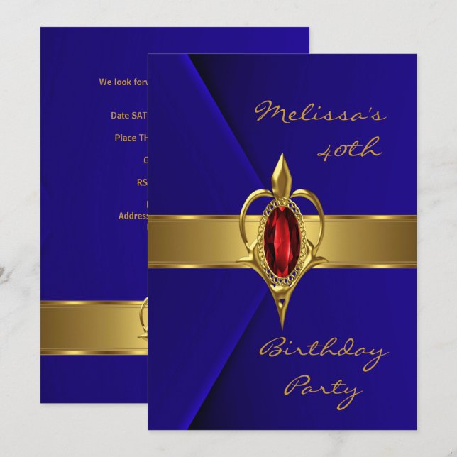Invitation Fête d'anniversaire 40e Blue Faux Velvet Or rouge  (Devant / Derrière)
