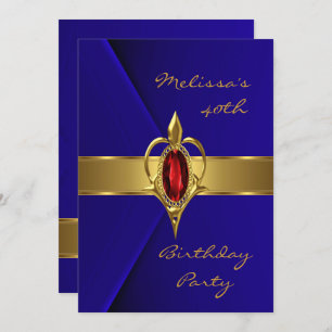 Invitation Fête d'anniversaire 40e Blue Faux Velvet Or rouge
