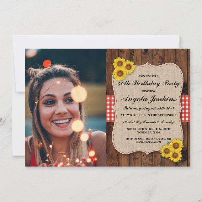 Invitation Fête d'anniversaire 40e Sunflower Wood Burlap Phot (Devant)