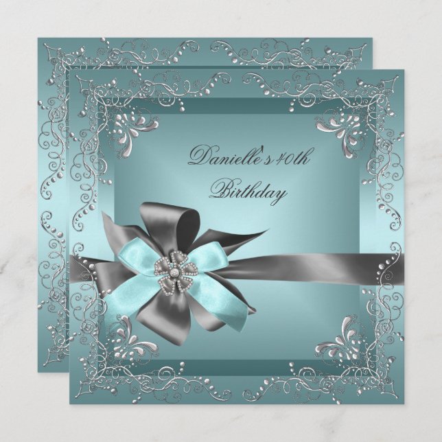 Invitation Fête d'anniversaire 40e Turquoise bleu gris argent (Devant / Derrière)