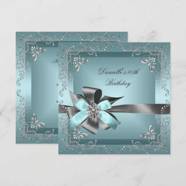 Invitation Fête d'anniversaire 40ème Bleu sarcelle Argent Gri (Devant / Derrière)