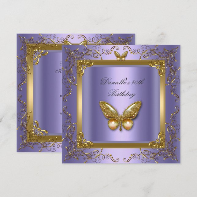 Invitation Fête d'anniversaire 40ème Or Papillon Violet (Devant / Derrière)