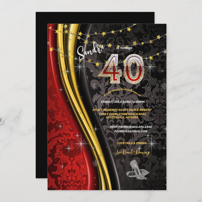 Invitation Fête d'anniversaire 40th Red, Gold & Black Swirls  (Devant / Derrière)