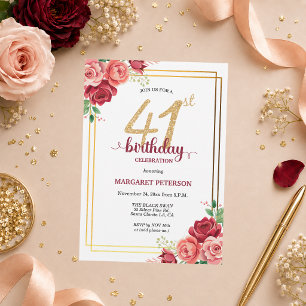 Invitation Fête d'anniversaire 41 ans Elegant Gold Blush Flor