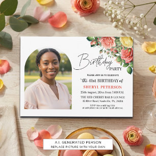Invitation Fête d'anniversaire 41 ans élégante florale avec p