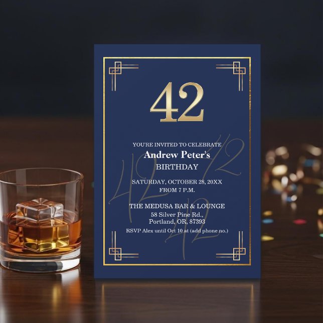 Invitation Fête d'anniversaire 42 ans Elegant Blue Gold (Créateur téléchargé)