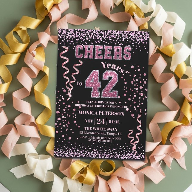Invitation Fête d'anniversaire 42 ans Strass Rose Pailleté (Créateur téléchargé)