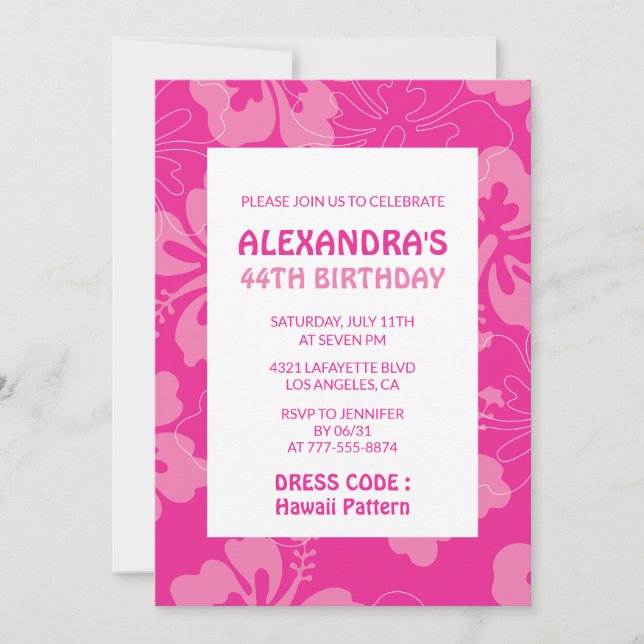 Invitation Fête d'anniversaire 44 ans thème hawaïen rose (Devant)