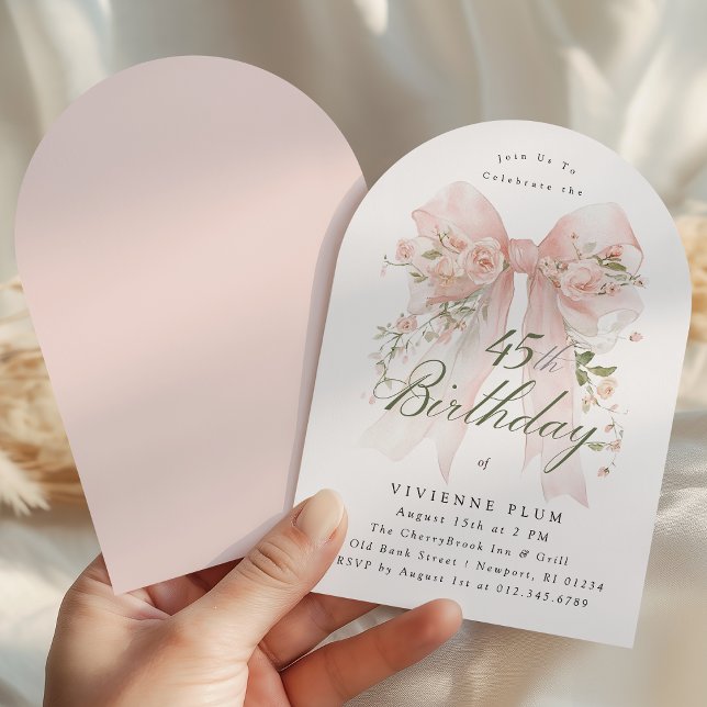 Invitation Fête d'anniversaire 45 ans Arche de fleurs rose av (Créateur téléchargé)