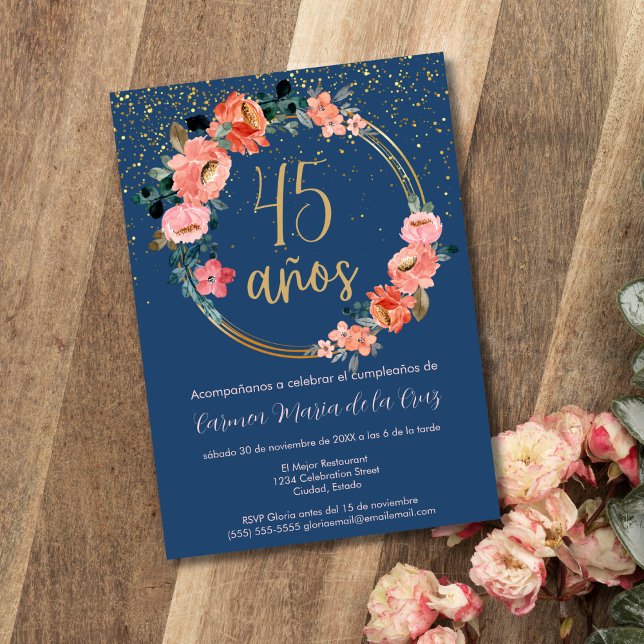 Invitation Fête d'anniversaire 45 ans Floral Chic Élégant Esp (Créateur téléchargé)
