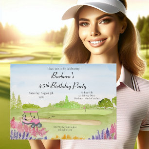 Invitation Fête d'anniversaire 45 ans Panier de golf rose Par