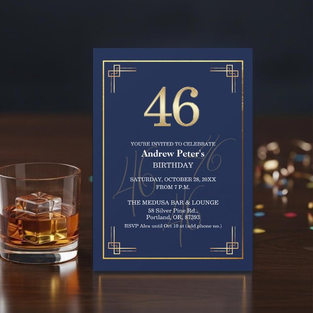Invitation Fête d'anniversaire 46 ans Elegant Blue Gold (Créateur téléchargé)