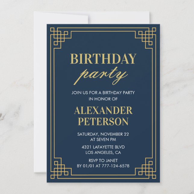 Invitation Fête d'anniversaire 47 ans chic bleu marine or (Devant)
