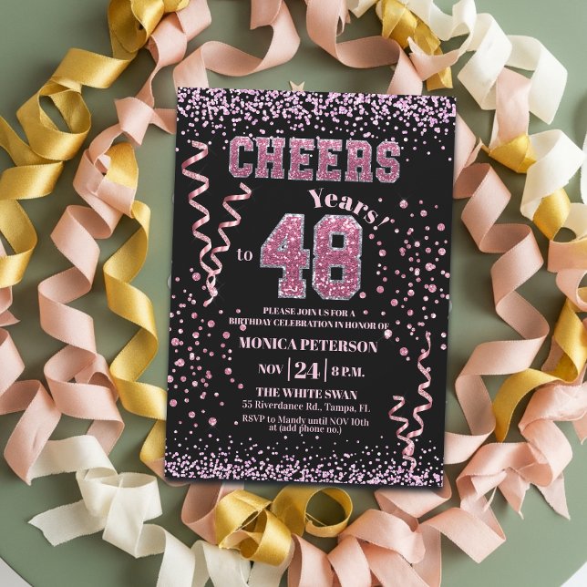Invitation Fête d'anniversaire 48 ans Strass Rose Pailletés (Créateur téléchargé)