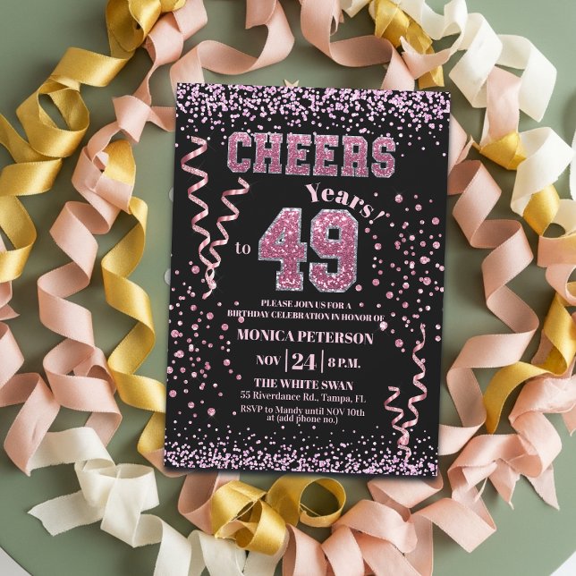 Invitation Fête d'anniversaire 49 ans Strass Rose Pailletés  (Créateur téléchargé)