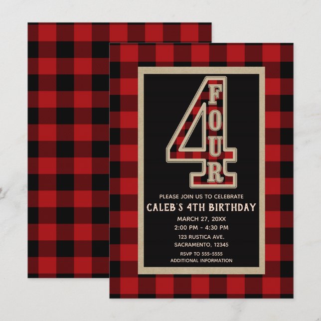 Invitation Fête d'anniversaire 4 ans à carreaux plaid buffle  (Devant / Derrière)