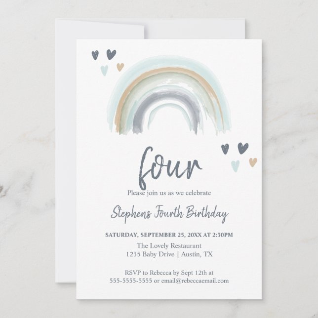 Invitation Fête d'anniversaire 4 ans Blue Boho Rainbow (Devant)