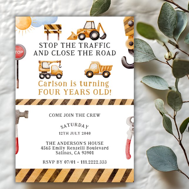 Invitation Fête d'anniversaire 4 ans Camion à benne en constr (Créateur téléchargé)