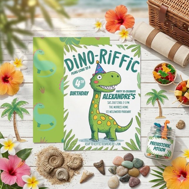 Invitation Fête d'anniversaire 4 ans de dinosaure, Dino-Riffi (Créateur téléchargé)