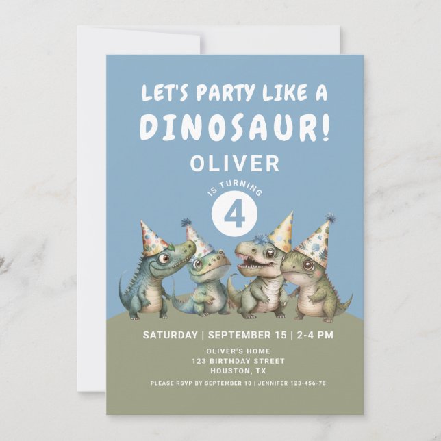 Invitation Fête d'anniversaire 4 ans de dinosaure mignon (Devant)