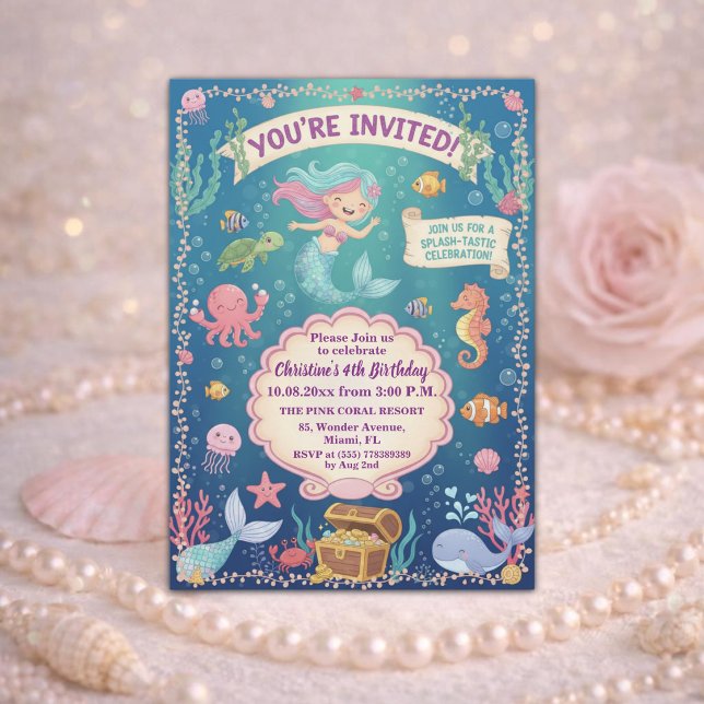 Invitation Fête d'anniversaire 4 ans de sirène sous la mer ro (Créateur téléchargé)