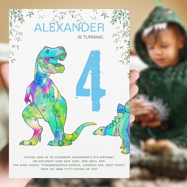 Invitation Fête d'anniversaire 4 ans dinosaure T. rex jungle  (Dinosaur 4th birthday party invitation with jungle foliage and colorful T-Rex dino and stegosaurus )