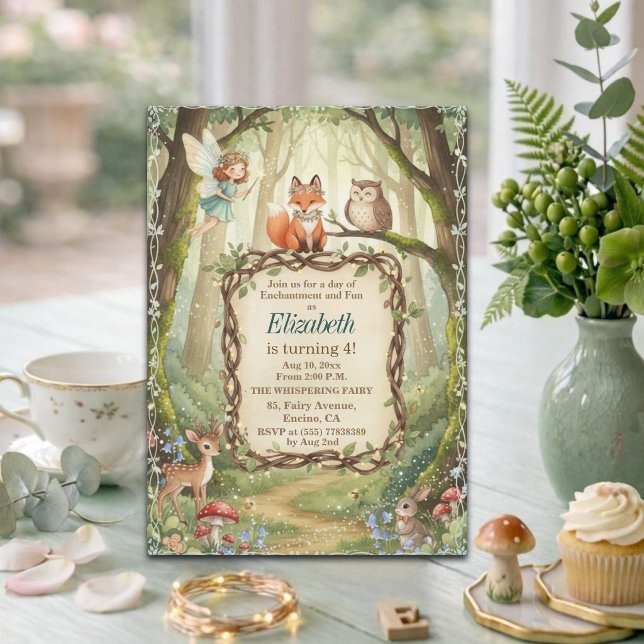 Invitation Fête d'anniversaire 4 ans Fée Animaux de la Forêt (Créateur téléchargé)