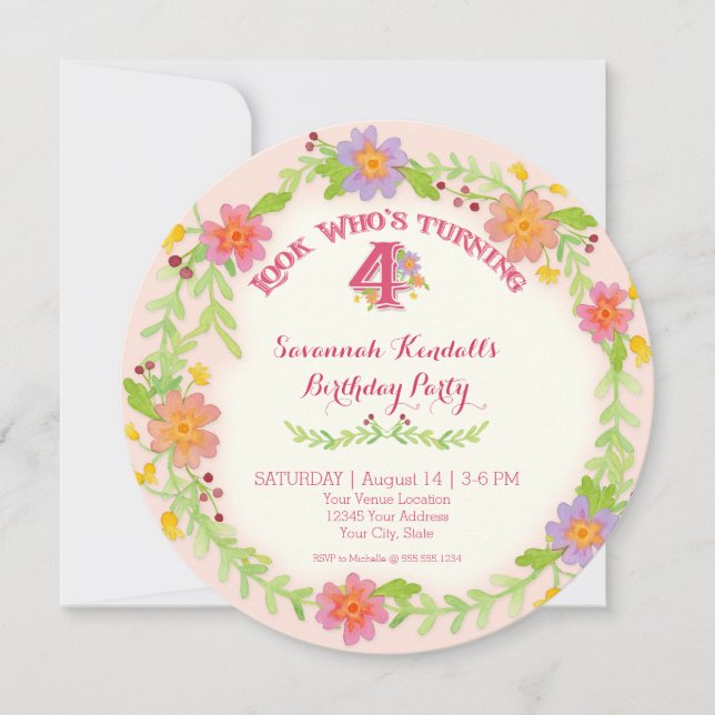 Invitation Fête d'anniversaire 4 ans Fille, aquarelle florale (Devant)