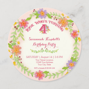 Invitation Fête d'anniversaire 4 ans Fille, aquarelle florale