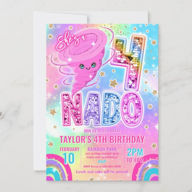 Invitation Fête d'anniversaire 4 ans Four Nado Rainbow Glitte (Devant)